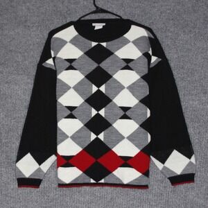 Cabin Creek‎ Mens Sweater Black White Gray Red Argyle Long Sleeve Knit Size L